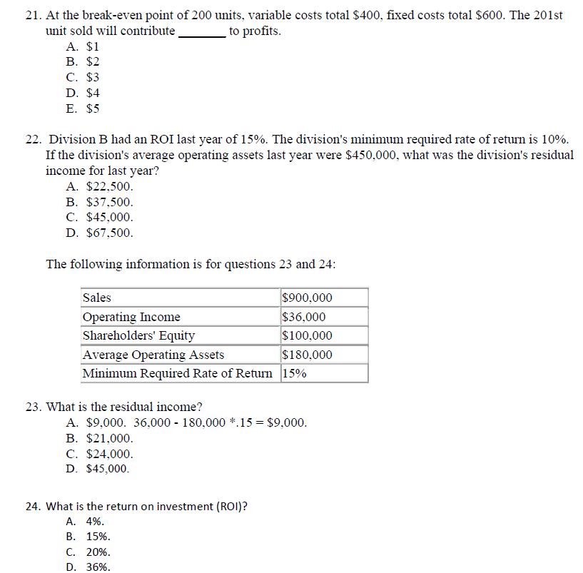 Solved 21. At the breakeven point of 200 units, variable