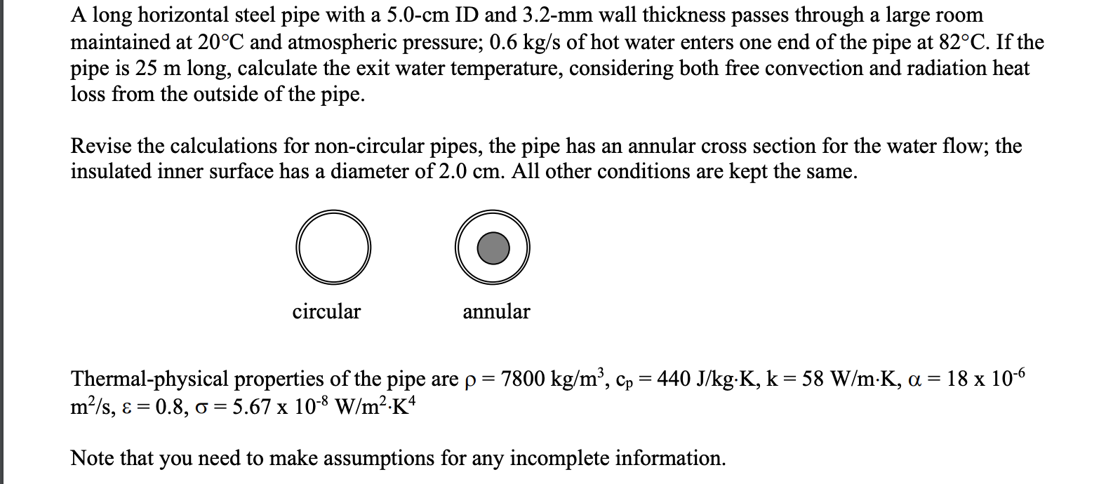 Solved A long horizontal steel pipe with a 5.0-cm ID and | Chegg.com
