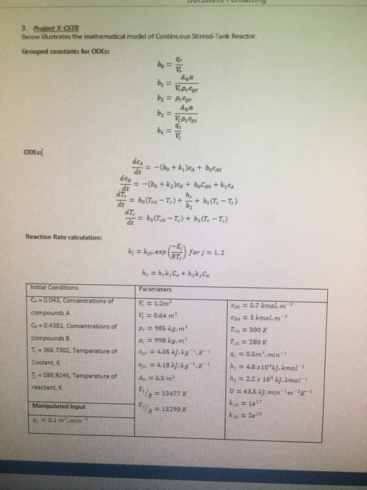 3. Project 3 CSTR Below illustrates the mathematical | Chegg.com