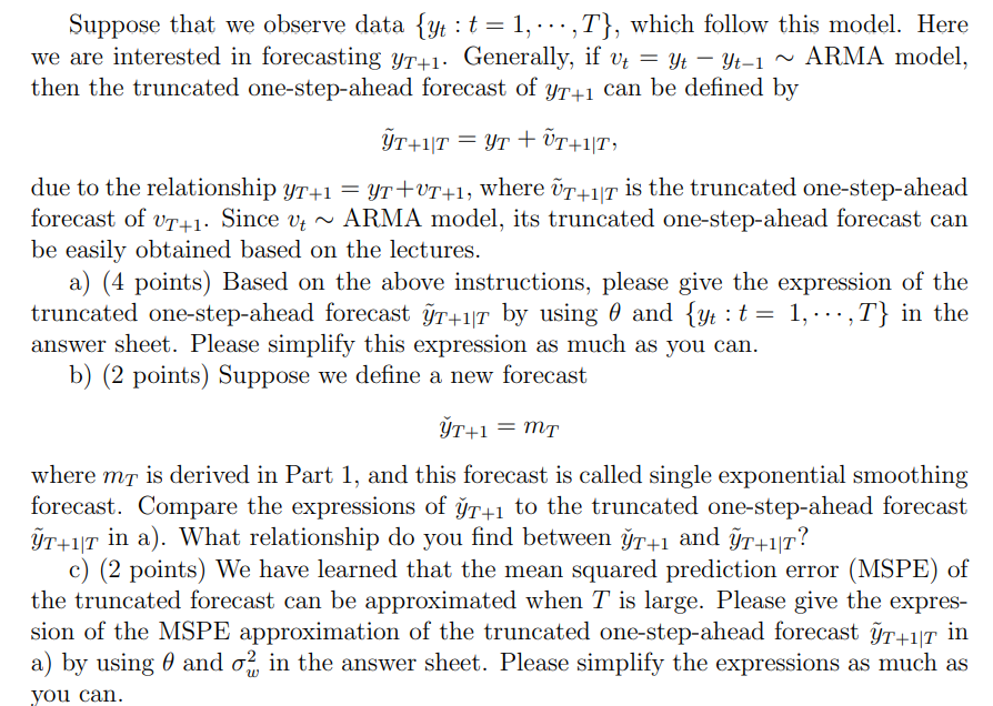 Part 2. (8 points) Consider the time series model yt | Chegg.com