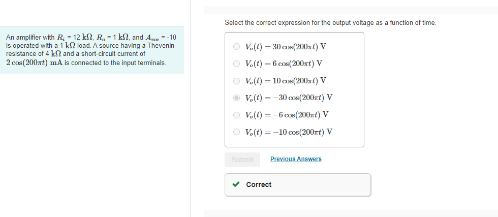 Solved Select the correct expression for the output voltage | Chegg.com