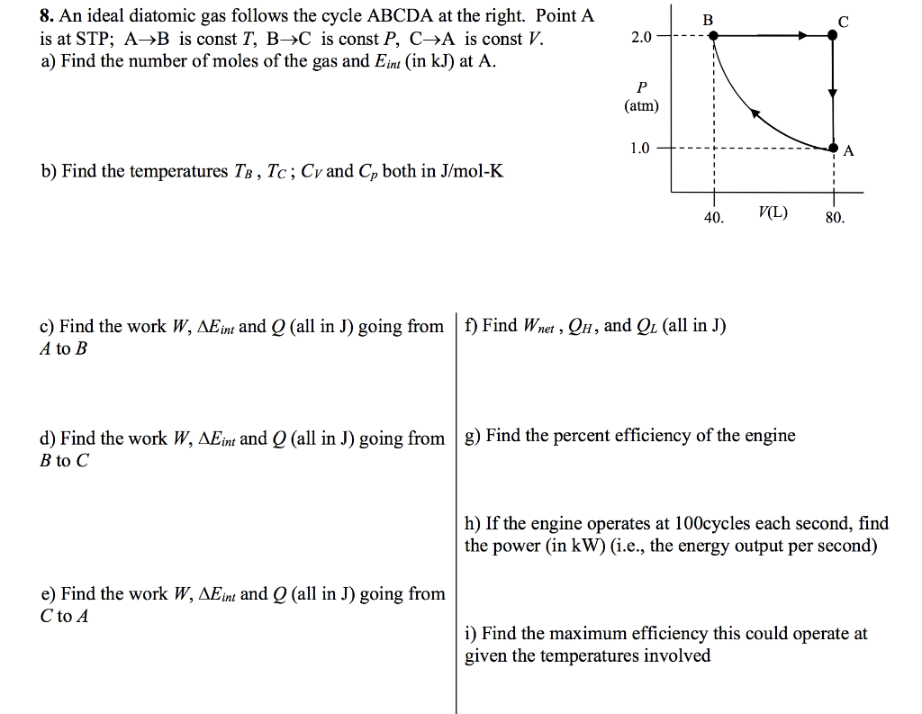 Solved B S 8 An Ideal Diatomic Gas Follows The Cycle Abc Chegg Com