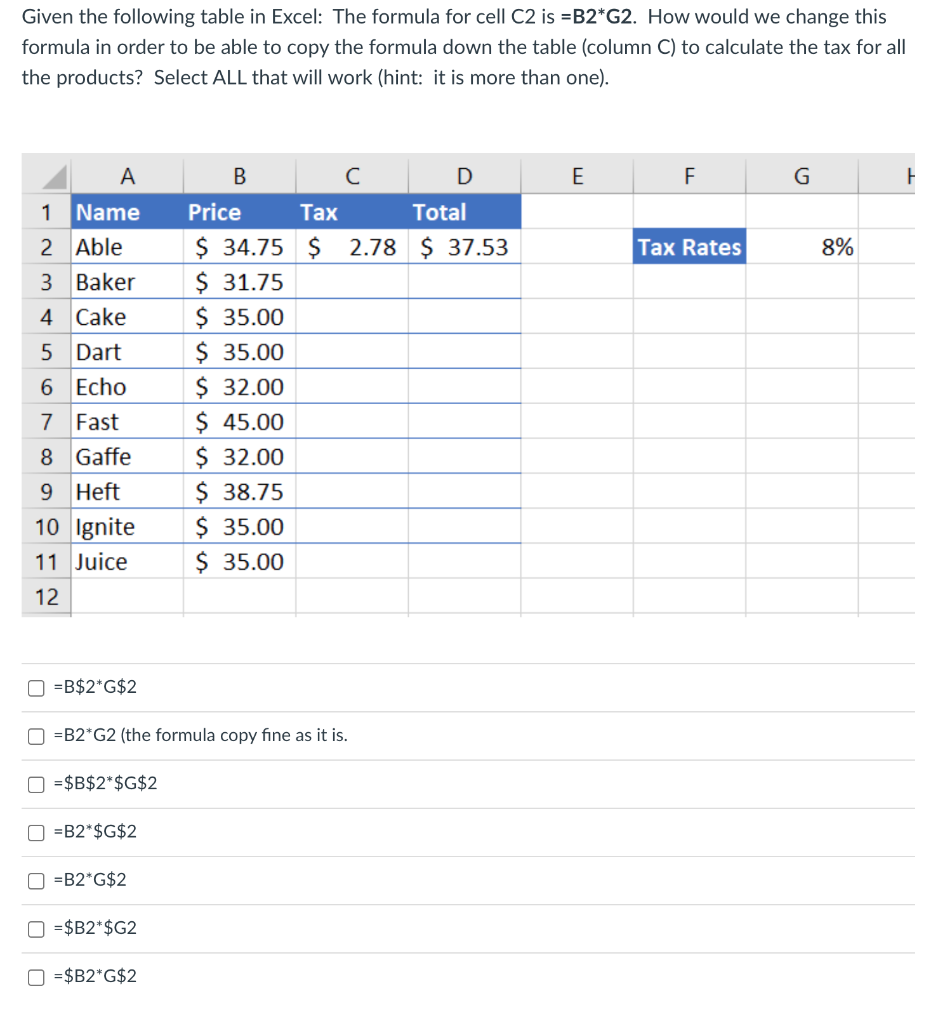 Solved Given The Following Table In Excel: The Formula For | Chegg.com