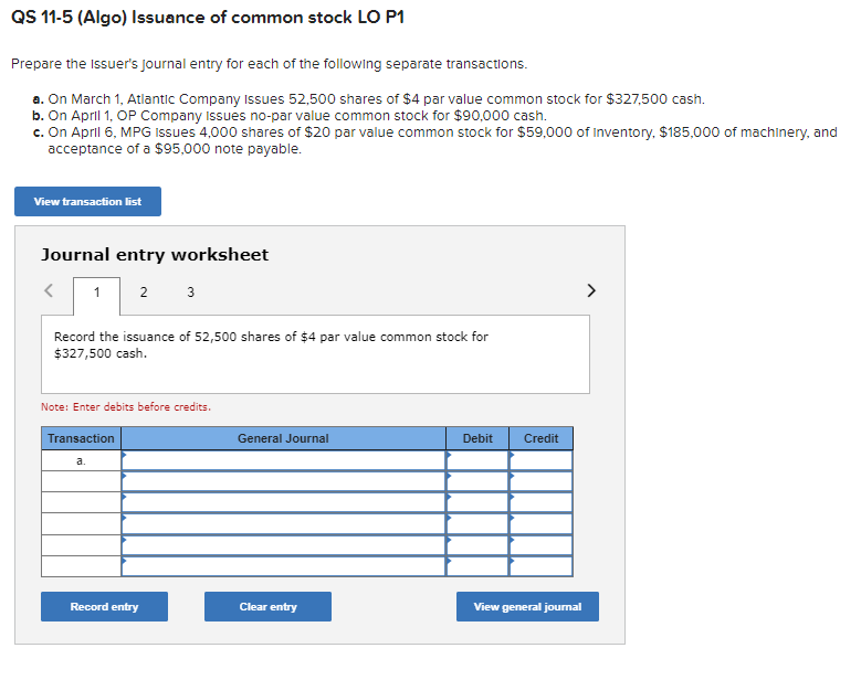Solved QS 11-5 (Algo) ﻿Issuance of common stock LO P1Prepare | Chegg.com