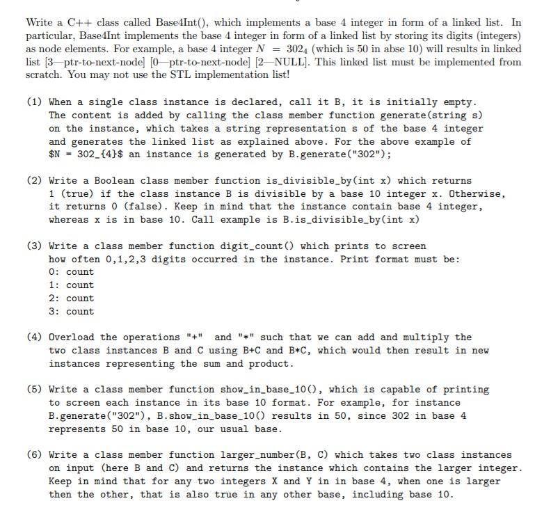 Write a C++ class called Base 4Int(), which | Chegg.com