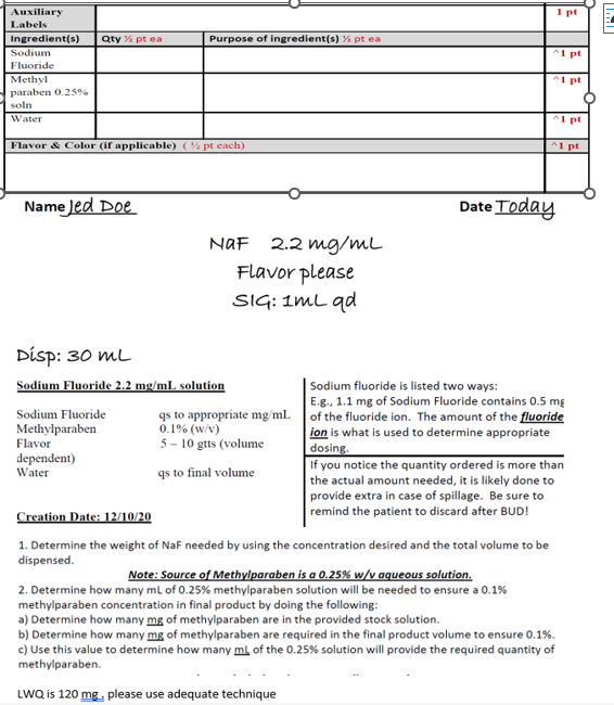 Solved Disp: 30 ml 1. Determine the weight of NaF needed by | Chegg.com