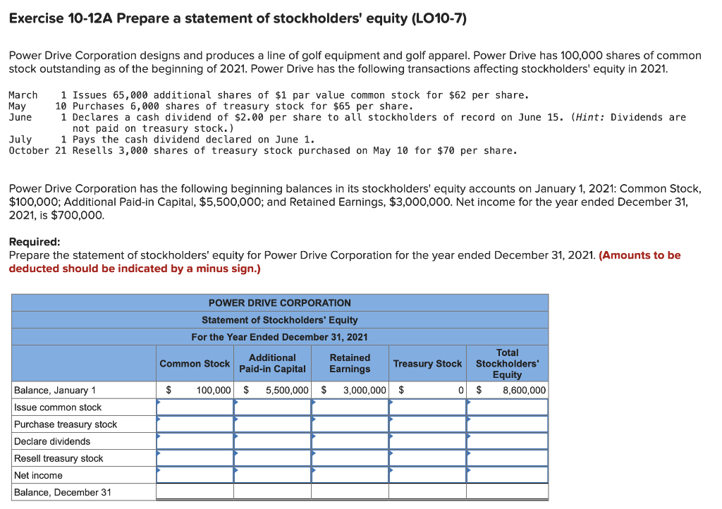 Solved Exercise 10-12A Prepare A Statement Of Stockholders' | Chegg.com