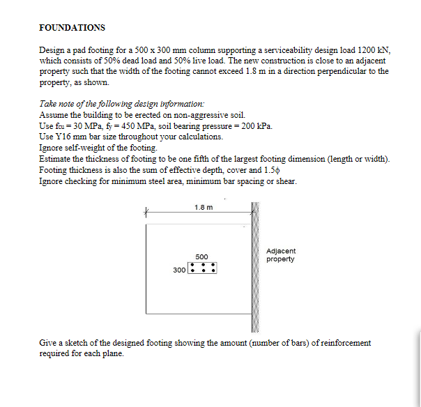 Solved FOUNDATIONS Design a pad footing for a 500 x 300 mm | Chegg.com