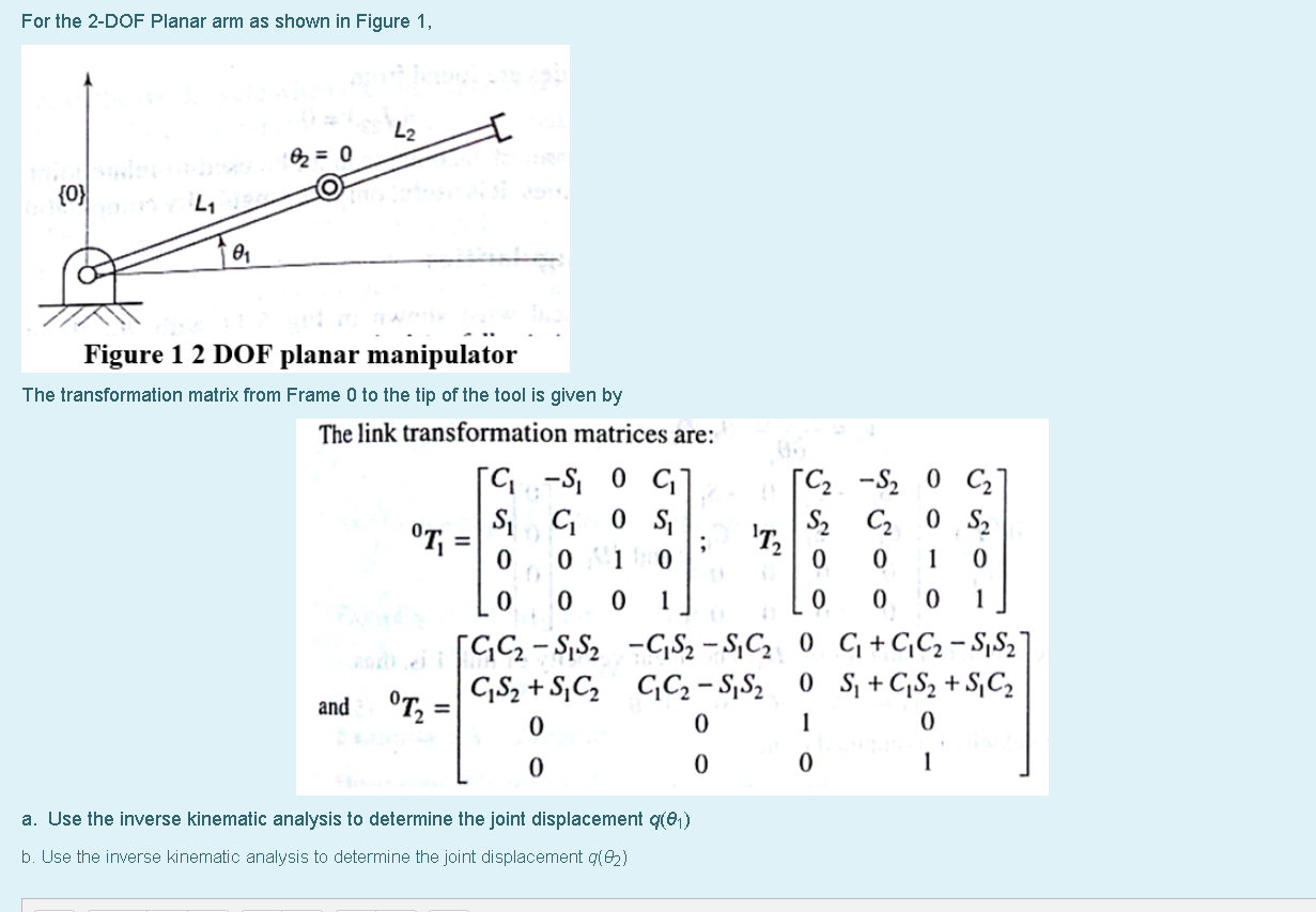 Solved For The 2-DOF Planar Arm As Shown In Figure 1, L2 = 0 | Chegg.com