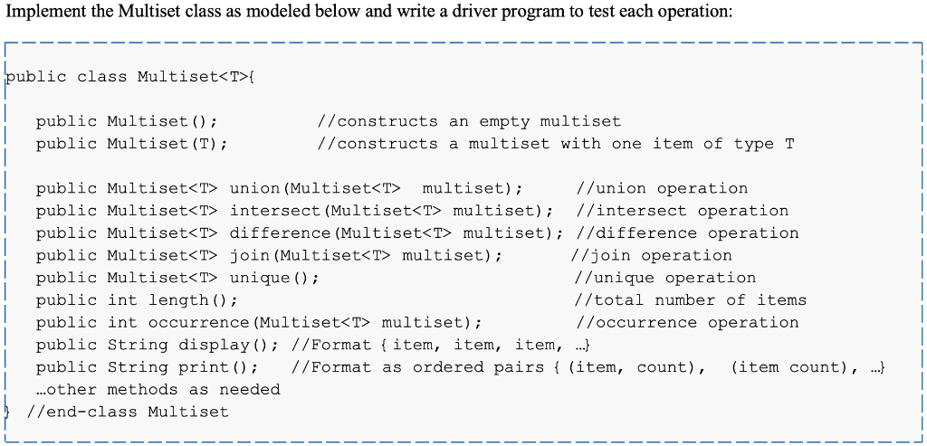 Implement the Multiset class as modeled below and write a driver program to test each operation: public class Multiset<T>{ pu