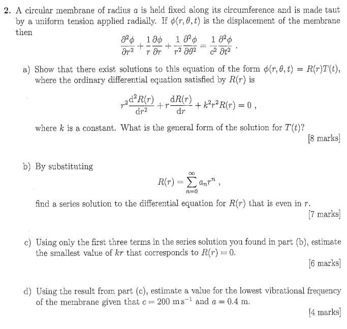 Solved A circular membrane of radius a is held fixed along | Chegg.com