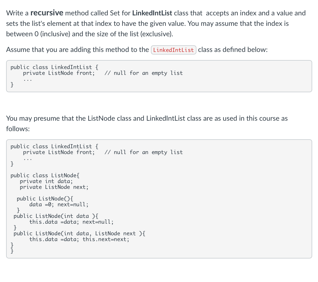 Solved Write a recursive method called Set for LinkedlntList | Chegg.com