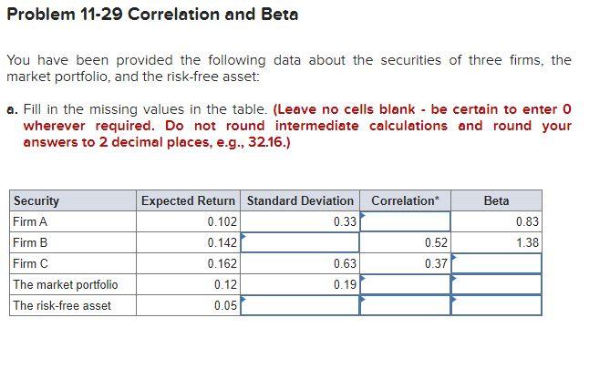 Solved Problem 11-29 Correlation And Beta You Have Been | Chegg.com