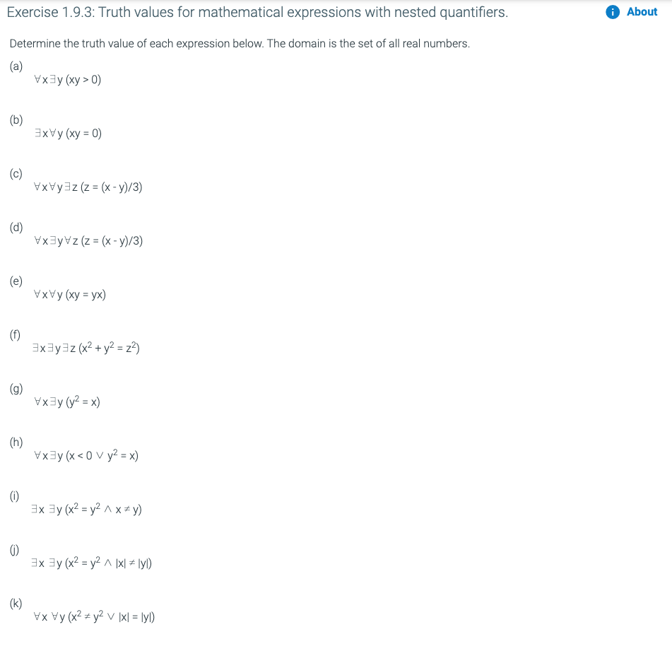 Solved Exercise 1.9.3: Truth values for mathematical | Chegg.com