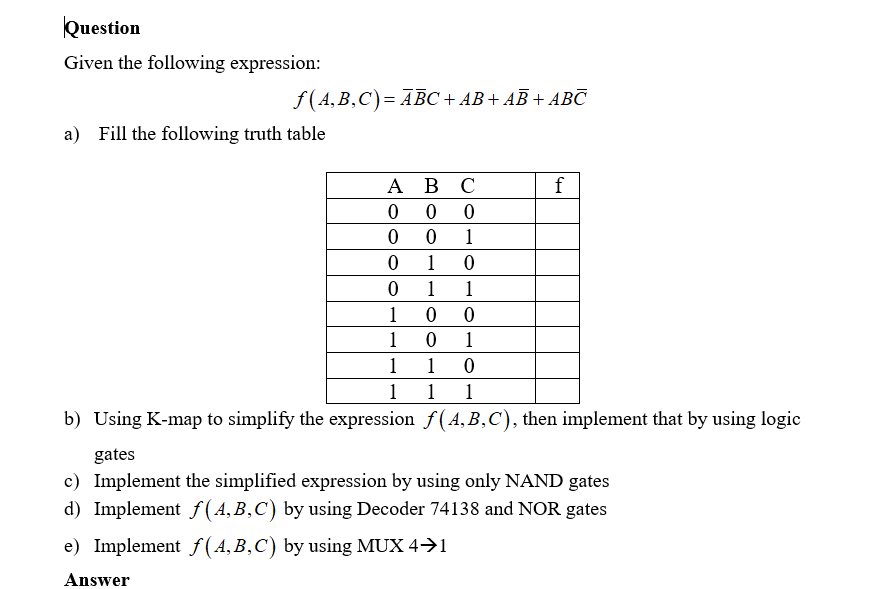 Solved Question Given The Following Expression: F (A,B,C)= | Chegg.com