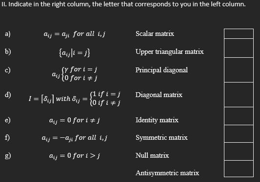 Solved II. Indicate in the right column, the letter that | Chegg.com