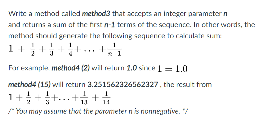 Solved Write a method called method3 that accepts an integer | Chegg.com
