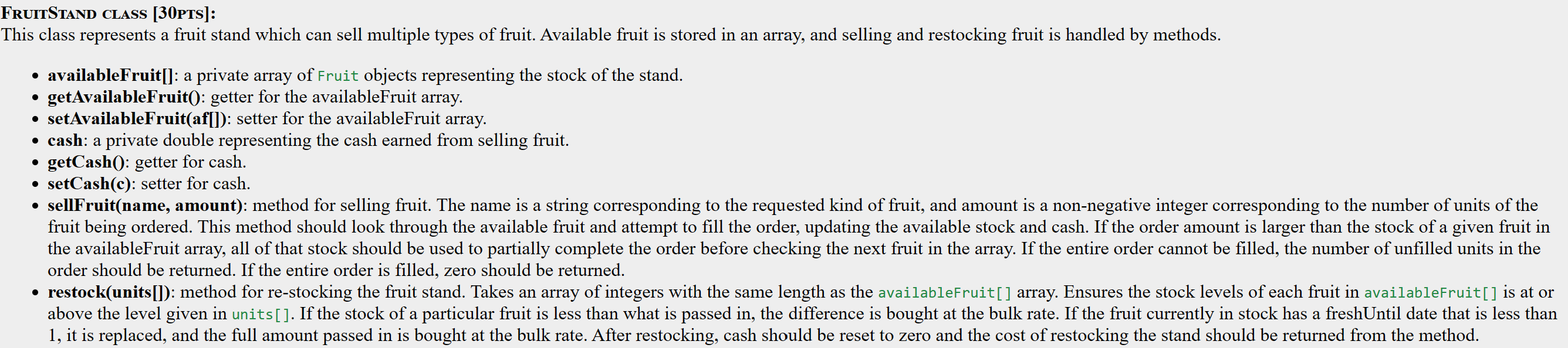 Solved FRUITSTAND CLASS [30PTS]: This class represents a | Chegg.com