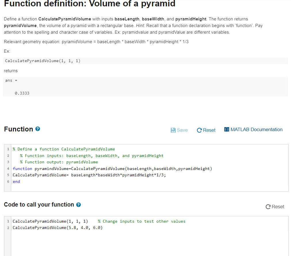 Solved Function definition: Volume of a pyramid Define a | Chegg.com