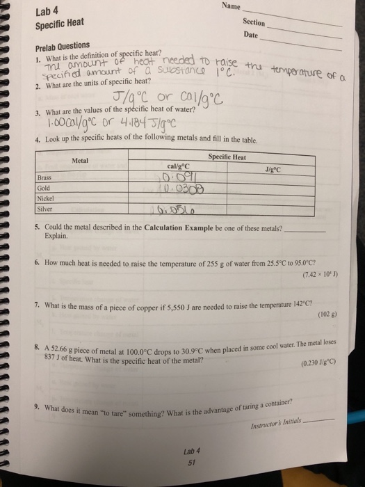 Temperature and Specific Heat Lab 4 Answers