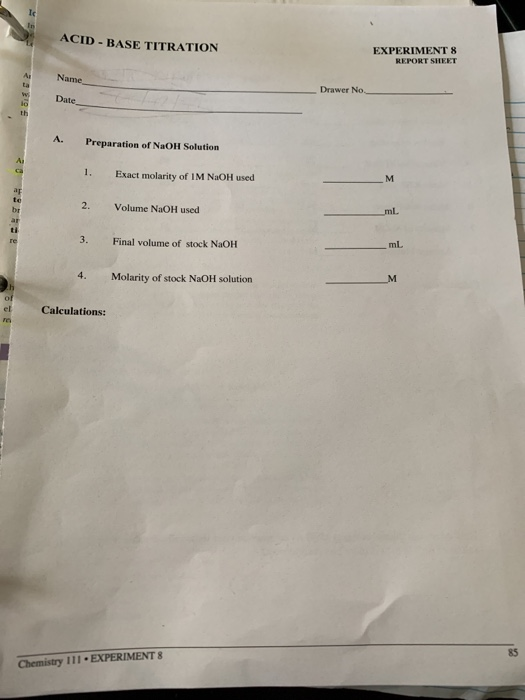 Ic te ACID BASE TITRATION EXPERIMENT 8 REPORT SHEET