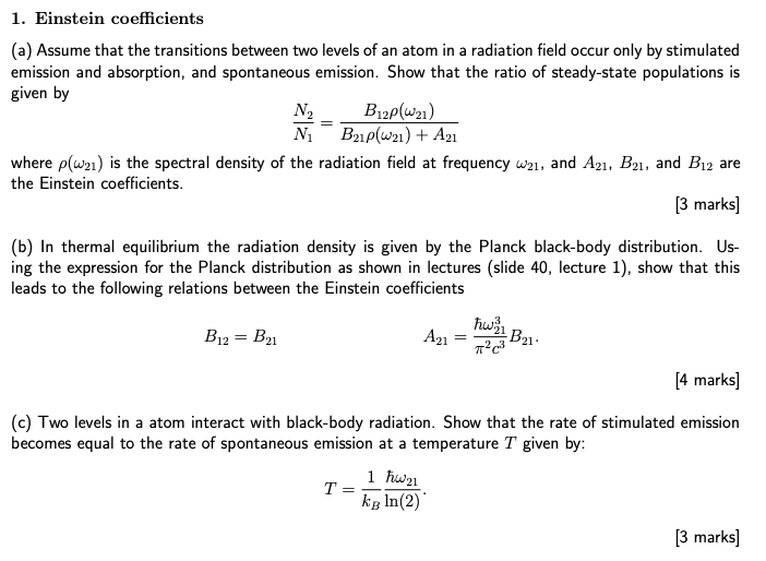 Solved 1. Einstein Coefficients (a) Assume That The | Chegg.com