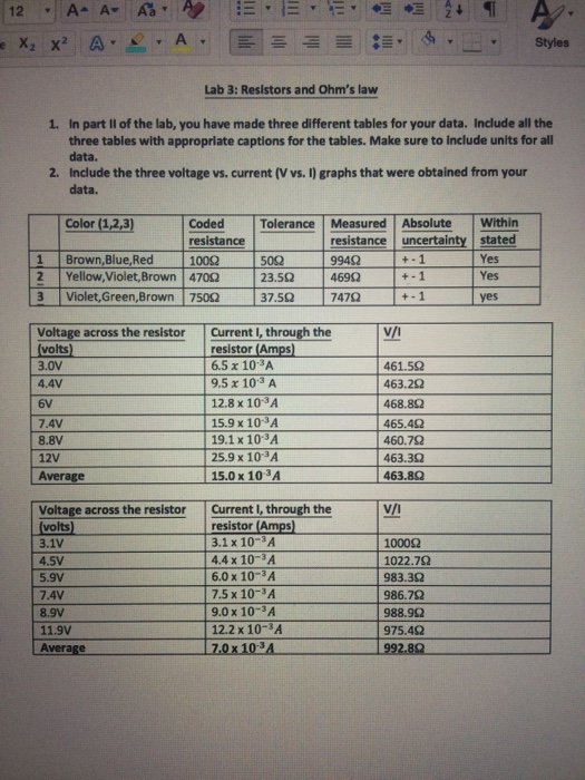 Solved Lab 3: Resistors and Ohm's law In part Il of the lab, | Chegg.com
