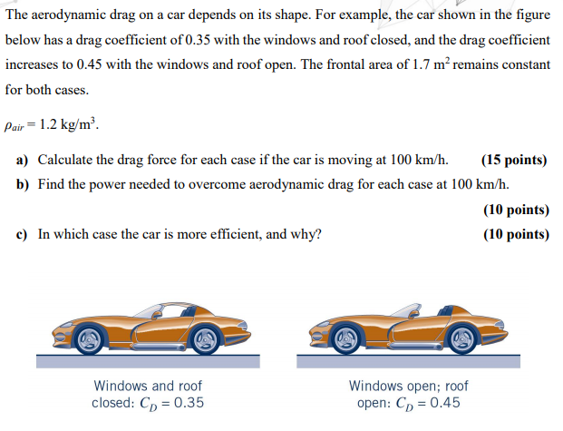 Solved The aerodynamic drag on a car depends on its shape. | Chegg.com