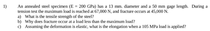 Solved An annealed steel specimen (E = 200 GPa) has a 13 mm. | Chegg.com