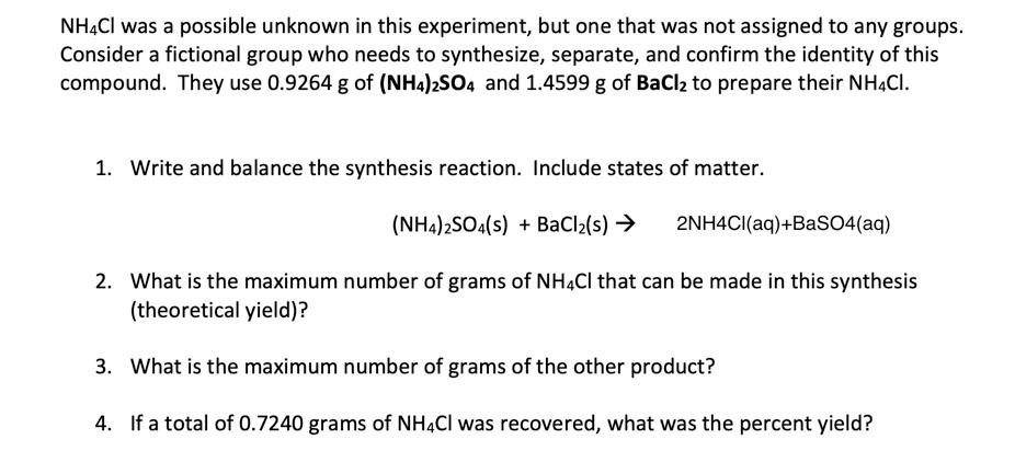 Solved NH4Cl was a possible unknown in this experiment, but | Chegg.com
