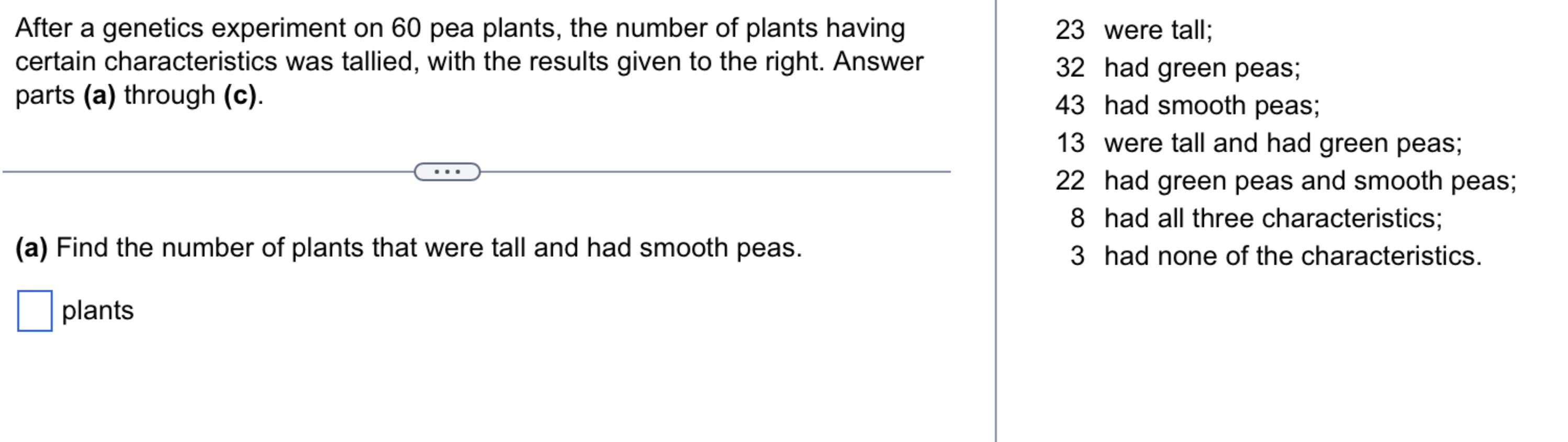 Solved 23 ﻿were tall;32 ﻿had green peas;43 ﻿had smooth | Chegg.com