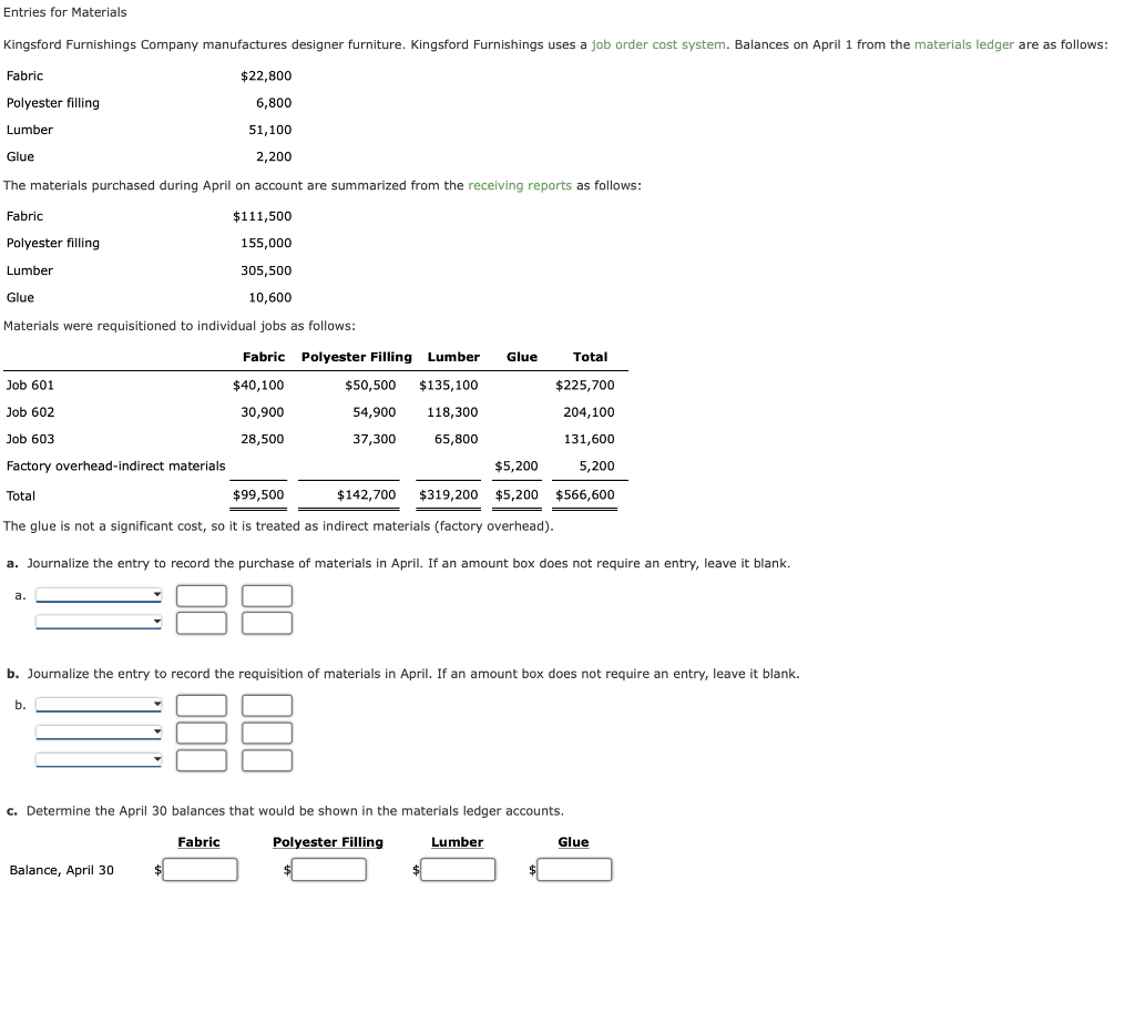 Solved Entries for Materials Kingsford Furnishings Company