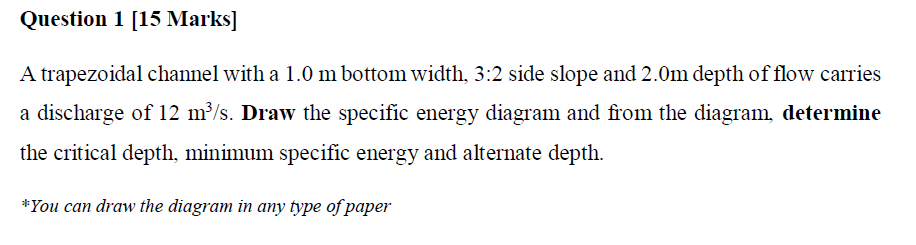 Solved Question 1 (15 Marks] A trapezoidal channel with a | Chegg.com