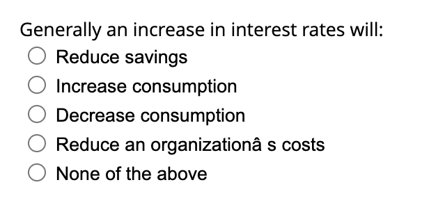 Solved Generally an increase in interest rates will: Reduce | Chegg.com