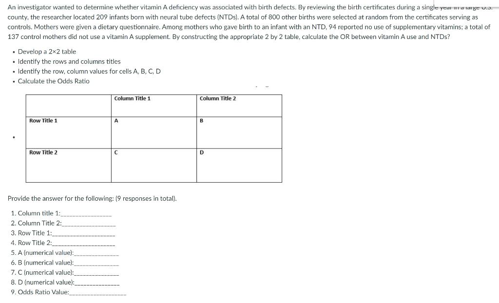 An investigator wanted to determine whether vitamin A deficiency was associated with birth defects. By reviewing the birth ce