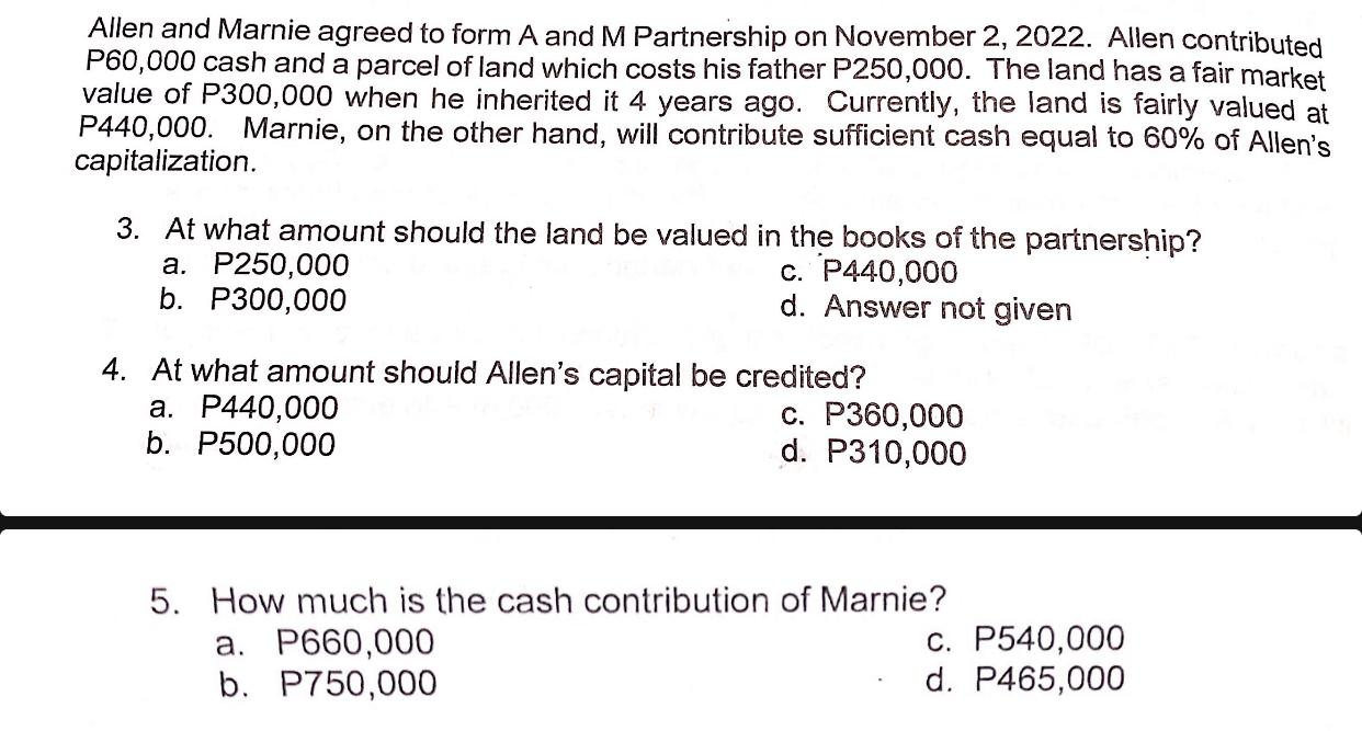 Solved Allen and Marnie agreed to form A and M Partnership | Chegg.com