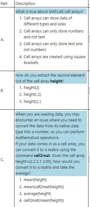 Solved Part Description What is true about MATLAB cell | Chegg.com