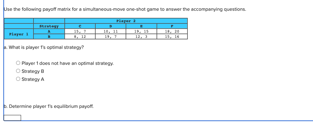 Solved Use the following payoff matrix for a | Chegg.com