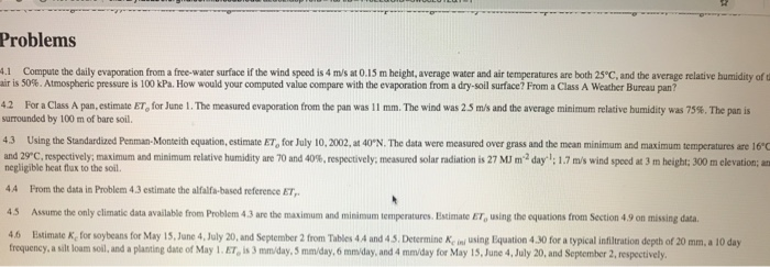 Solved Problems .1 Compute the daily evaporation from a | Chegg.com