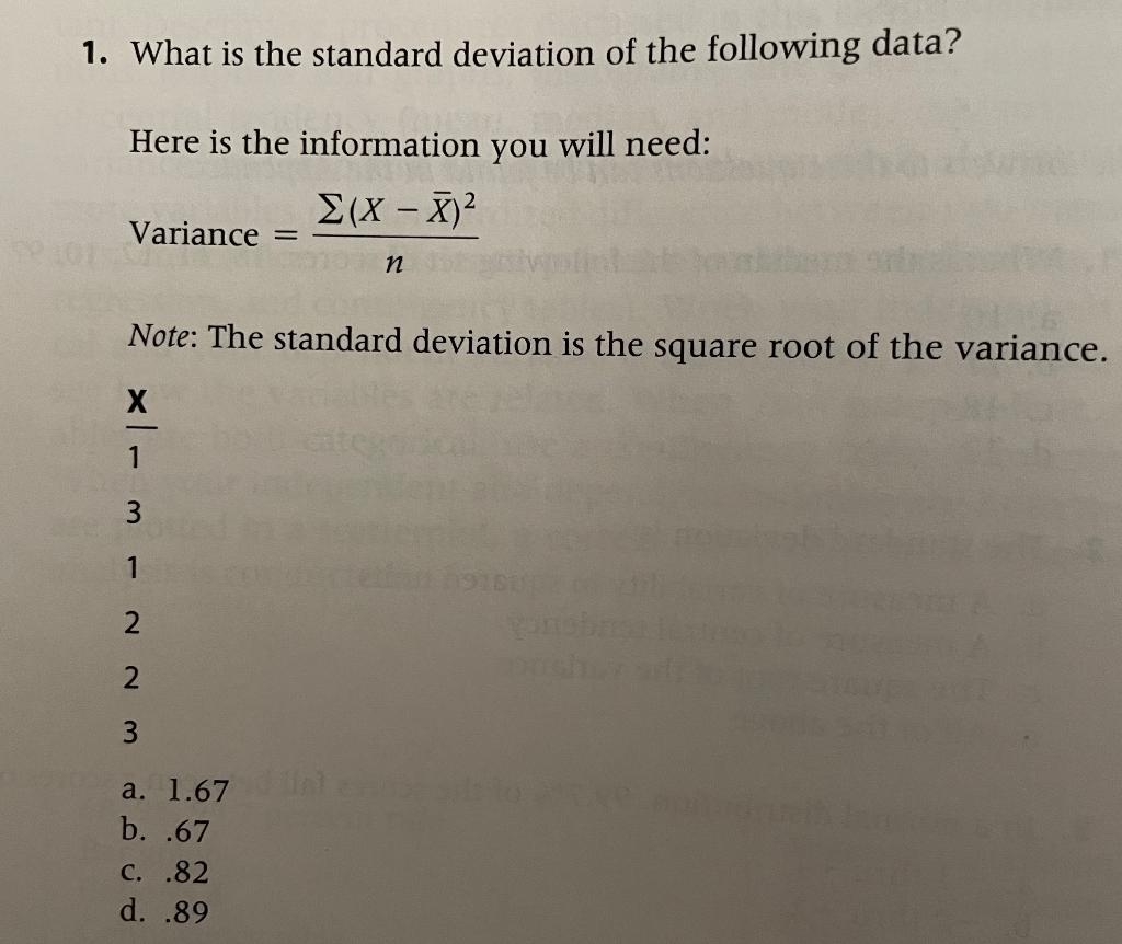 Solved 1. What is the standard deviation of the following | Chegg.com