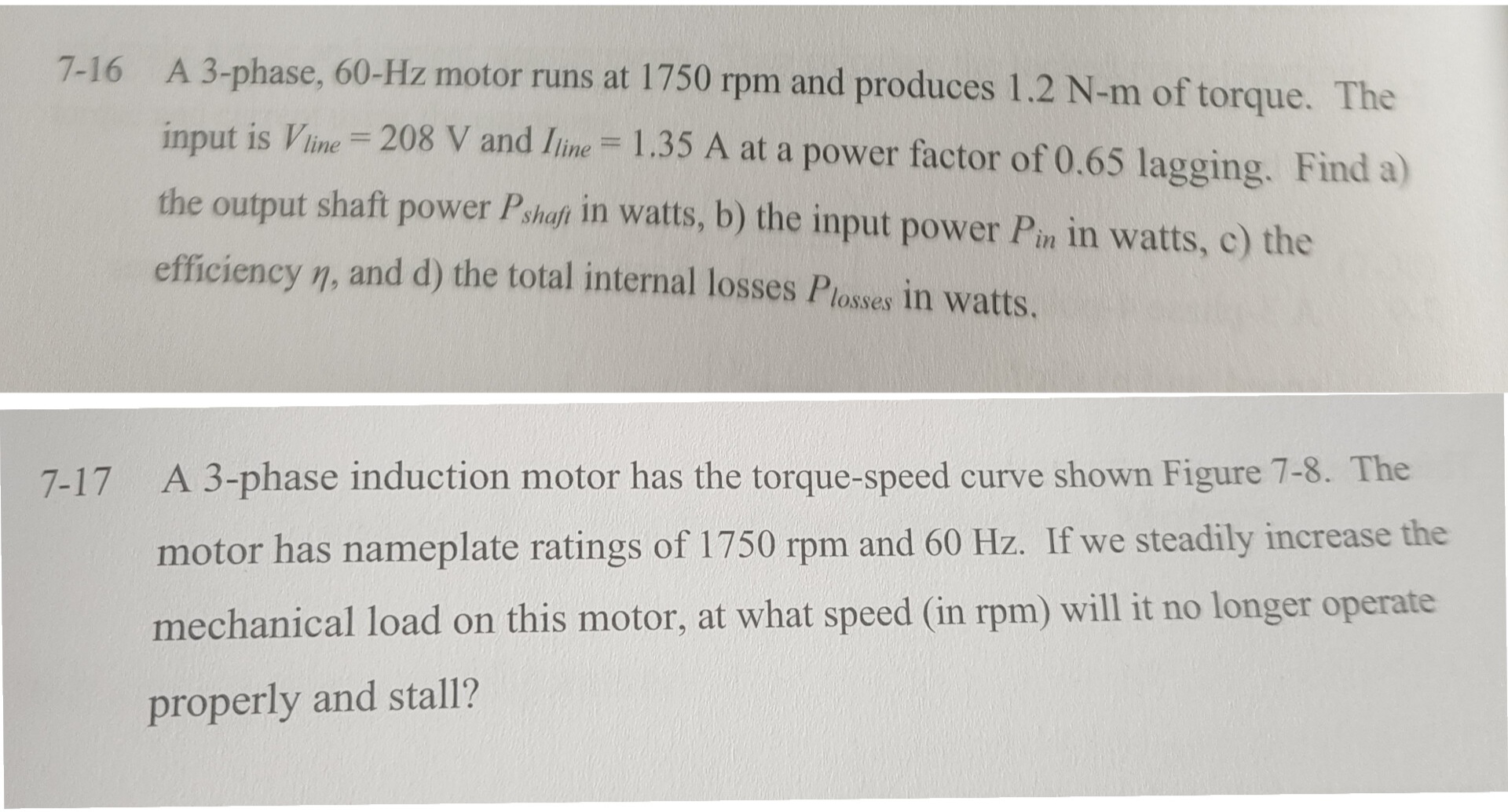 Solved -16 A 3-phase, 60−Hz motor runs at 1750rpm and | Chegg.com