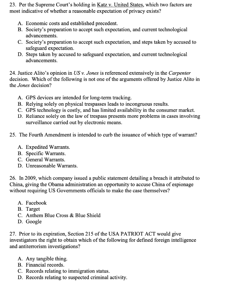 Solved 23. Per the Supreme Court's holding in Katz v. United | Chegg.com