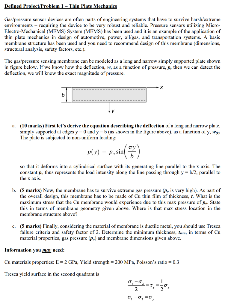Defined Project/Problem 1 - Thin Plate Mechanics
Gas/pressure sensor devices are often parts of engineering systems that have