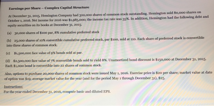 Solved Earnings per Share Complex Capital Structure At | Chegg.com