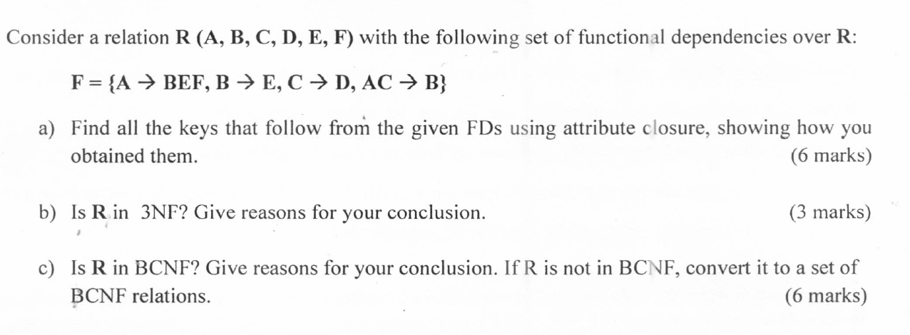 Solved Consider A Relation R (A, B, C, D, E, F) With The | Chegg.com