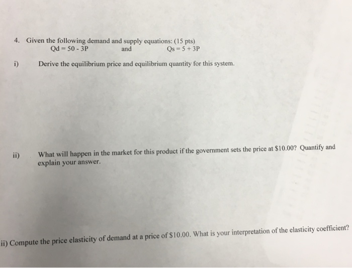 Solved 4. Given the following demand and supply equations: | Chegg.com
