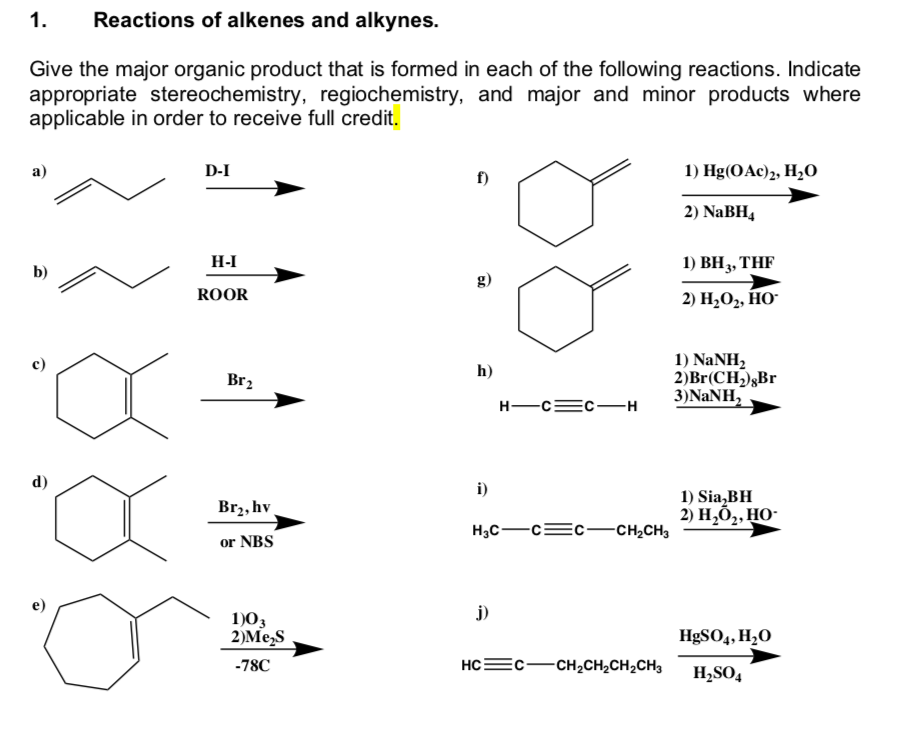 Solved 1 Reactions Of Alkenes And Alkynes. Give The Major | Chegg.com