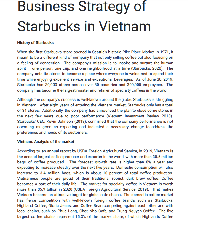 Solved Business Strategy Of Starbucks In Vietnam History Of