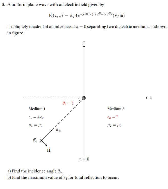 Solved 5 A Uniform Plane Wave With An Electric Field Giv Chegg Com