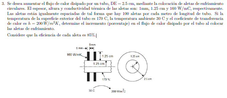 3. Se desea aumentar el flujo de calor disipado por un tubo, DE = 2.5 cm, mediante la colocación de aletas de enfriamiento ci